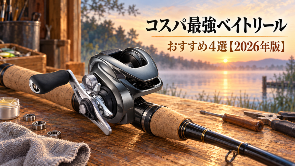 バス釣り用ベイトリールと釣り竿が置かれた作業台と朝の湖