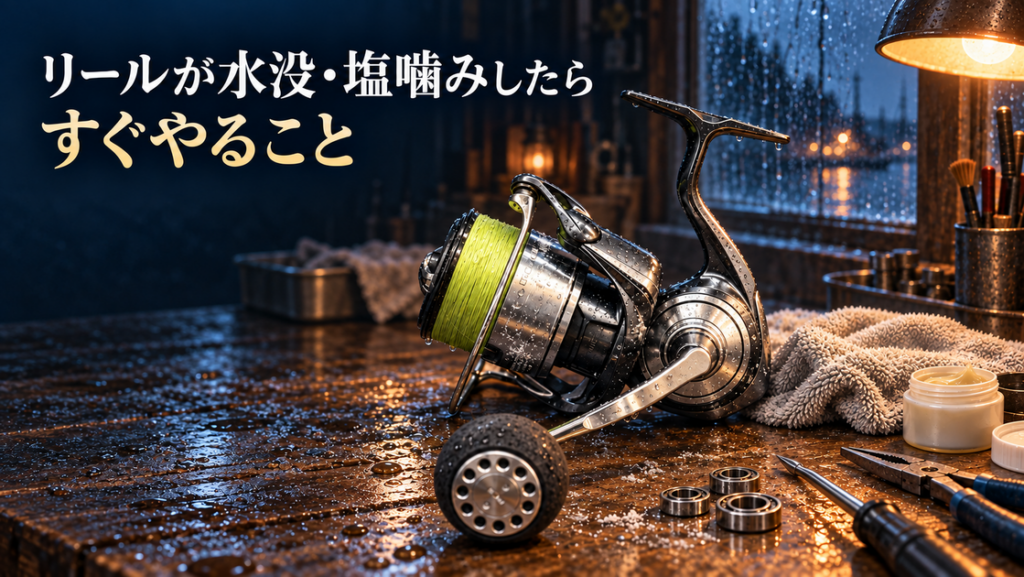 雨の日の作業台に置かれた、水滴と塩が付着したスピニングリール