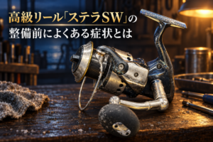 塩分による腐食が見られるソルトウォーター用スピニングリールが工房の作業台に置かれている様子