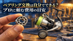 分解したスピニングリールのベアリングを手に持って点検している様子のイラスト