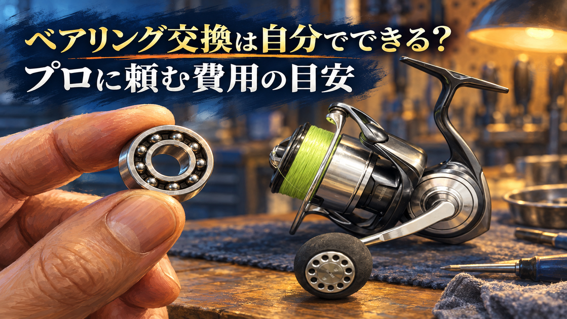 分解したスピニングリールのベアリングを手に持って点検している様子のイラスト