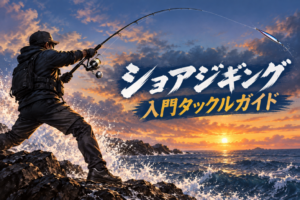 夕暮れの磯でショアジギングロッドを大きく曲げてキャストする釣り人