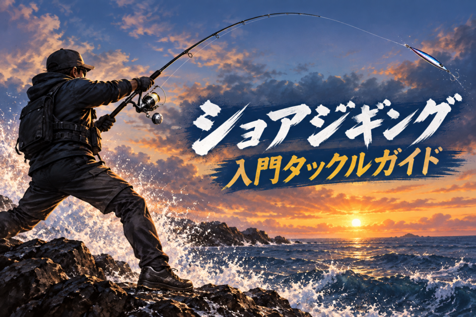 夕暮れの磯でショアジギングロッドを大きく曲げてキャストする釣り人