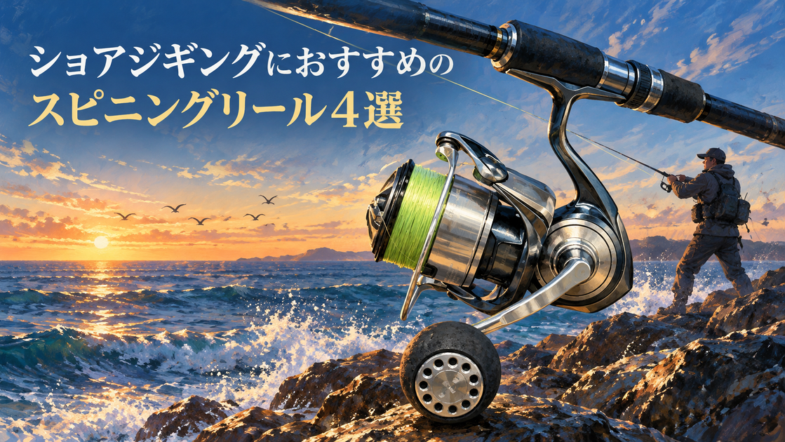 夜明けの堤防でショアジギングのロッドを振り抜く釣り人と、ロッドに装着された大型スピニングリール