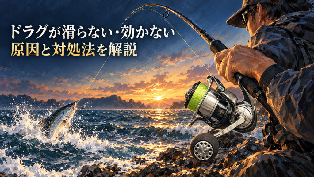 夜明けの磯で大物とやり取りしながらスピニングリールを構える釣り人