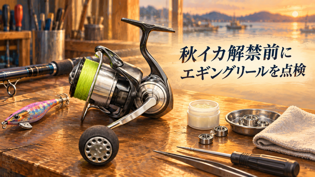 秋イカシーズン前に整備するエギング用スピニングリールとエギ