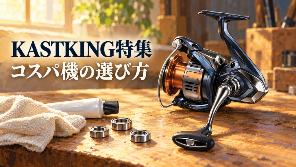 ワークベンチに並んだスピニングリールとベイトリール