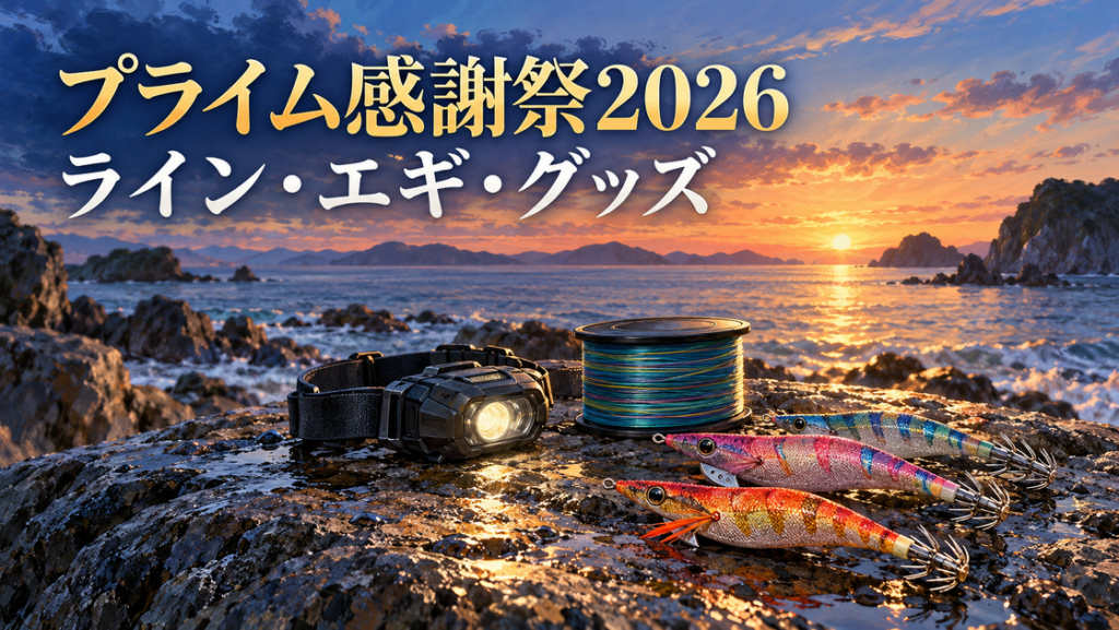 夜明けの岩場に並んだPEラインのスプールとエギとヘッドライト
