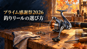プライム感謝祭に向けて作業台に置かれたスピニングリールと釣り道具