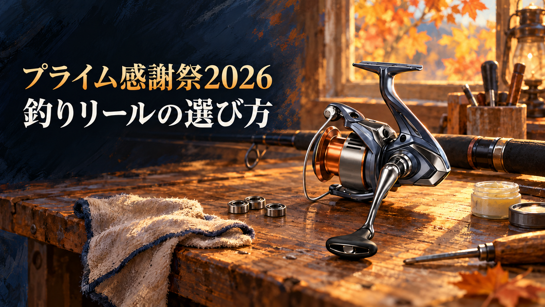 プライム感謝祭に向けて作業台に置かれたスピニングリールと釣り道具